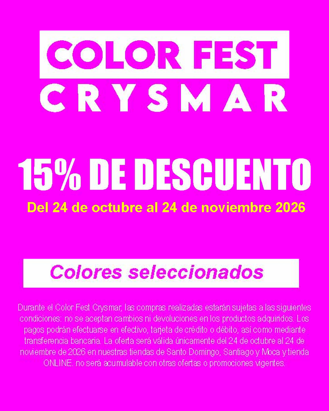 Color Fest Crysmar: 15% de descuento del 24 de octubre al 24 de noviembre 2026