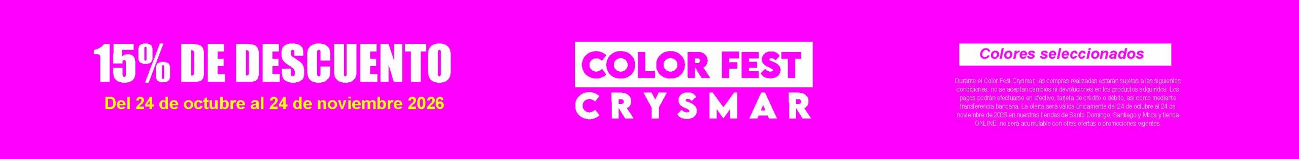 Color Fest Crysmar: 15% de descuento del 24 de octubre al 24 de noviembre 2026