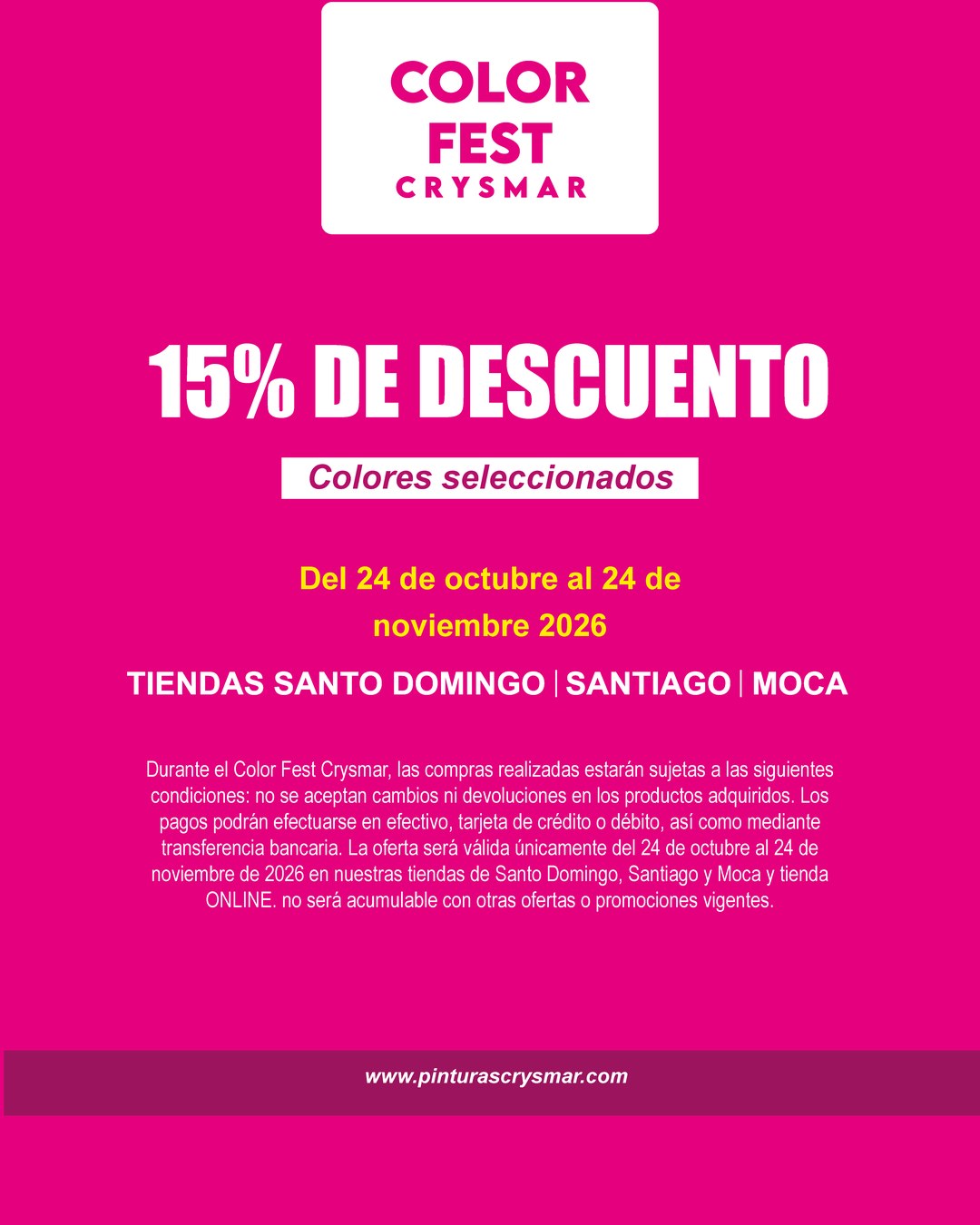 Color Fest Crysmar: 15% de descuento del 24 de octubre al 24 de noviembre 2026